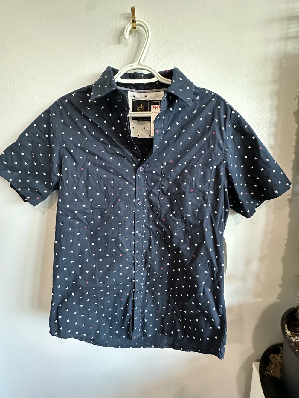 Men's Navy Short-Sleeve Button-Down Shirt with Star Print